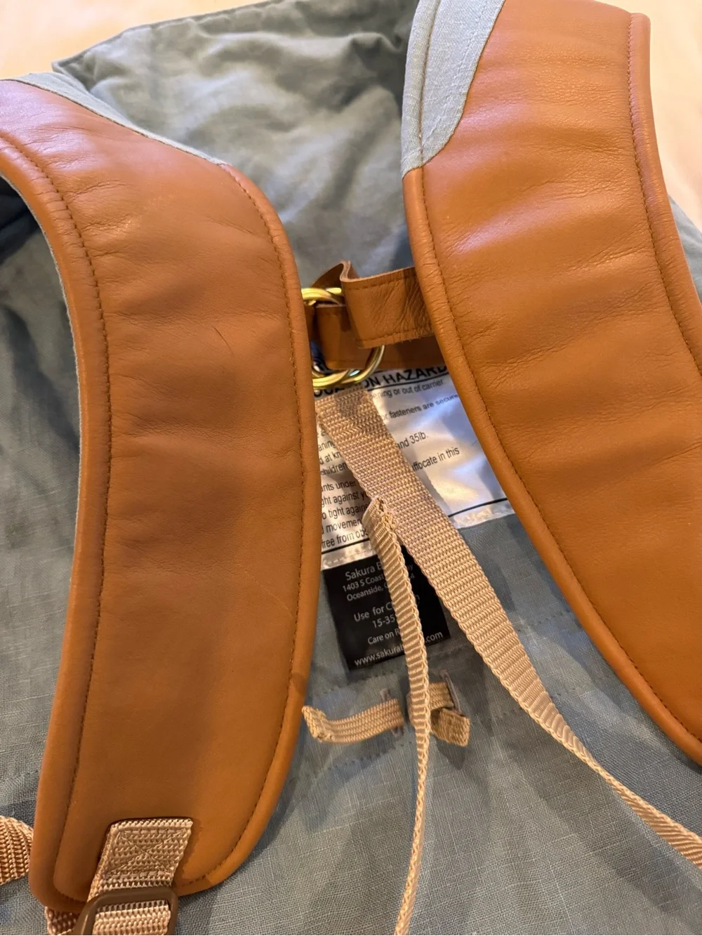 Sakura Bloom ONBUHIMO Carrier in Linen Laguna with Butterscotch Leather Strap